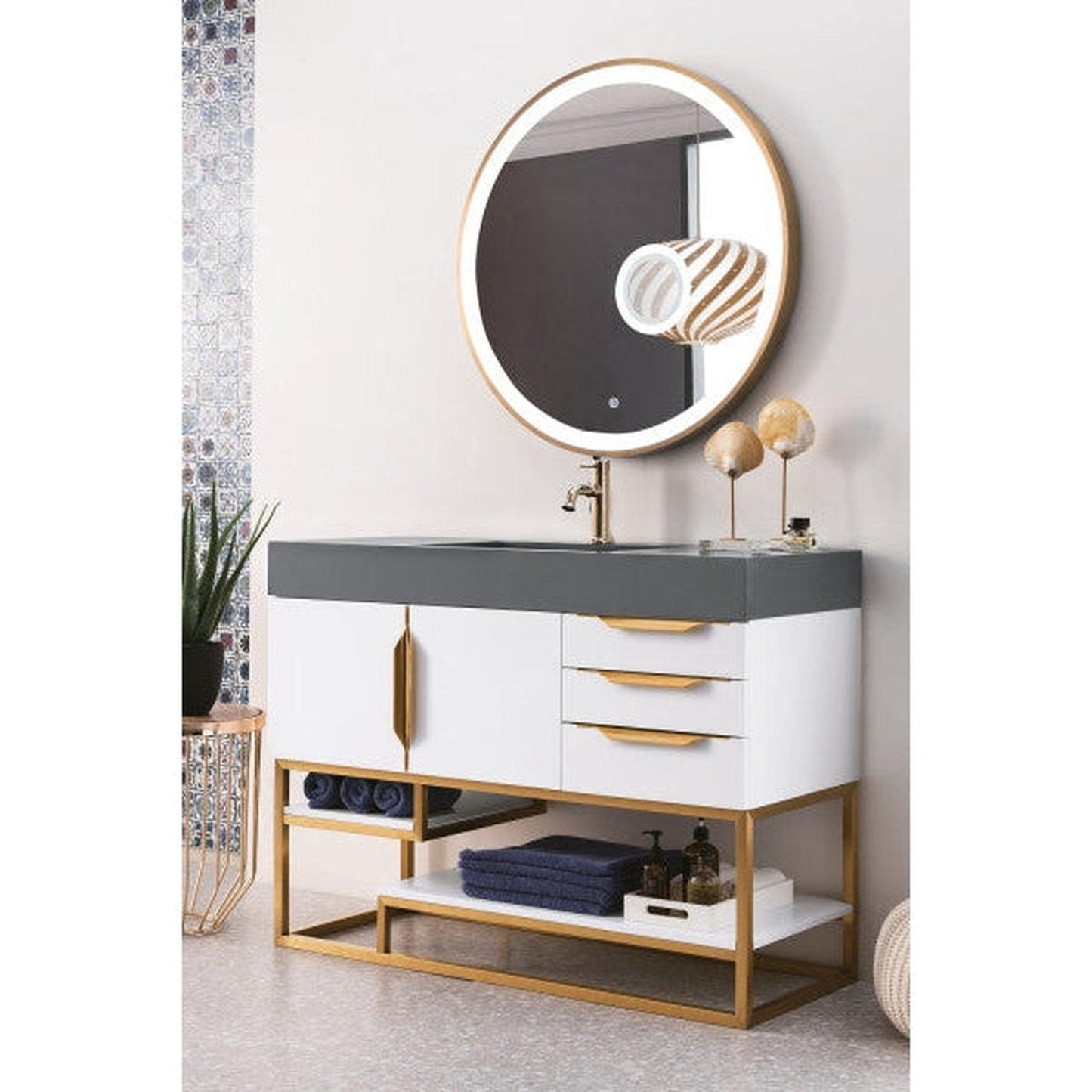 James Martin Columbia 48" Single Glossy White Bathroom Vanity With Radiant Gold Hardware and 6" Glossy Dusk Gray Composite Countertop