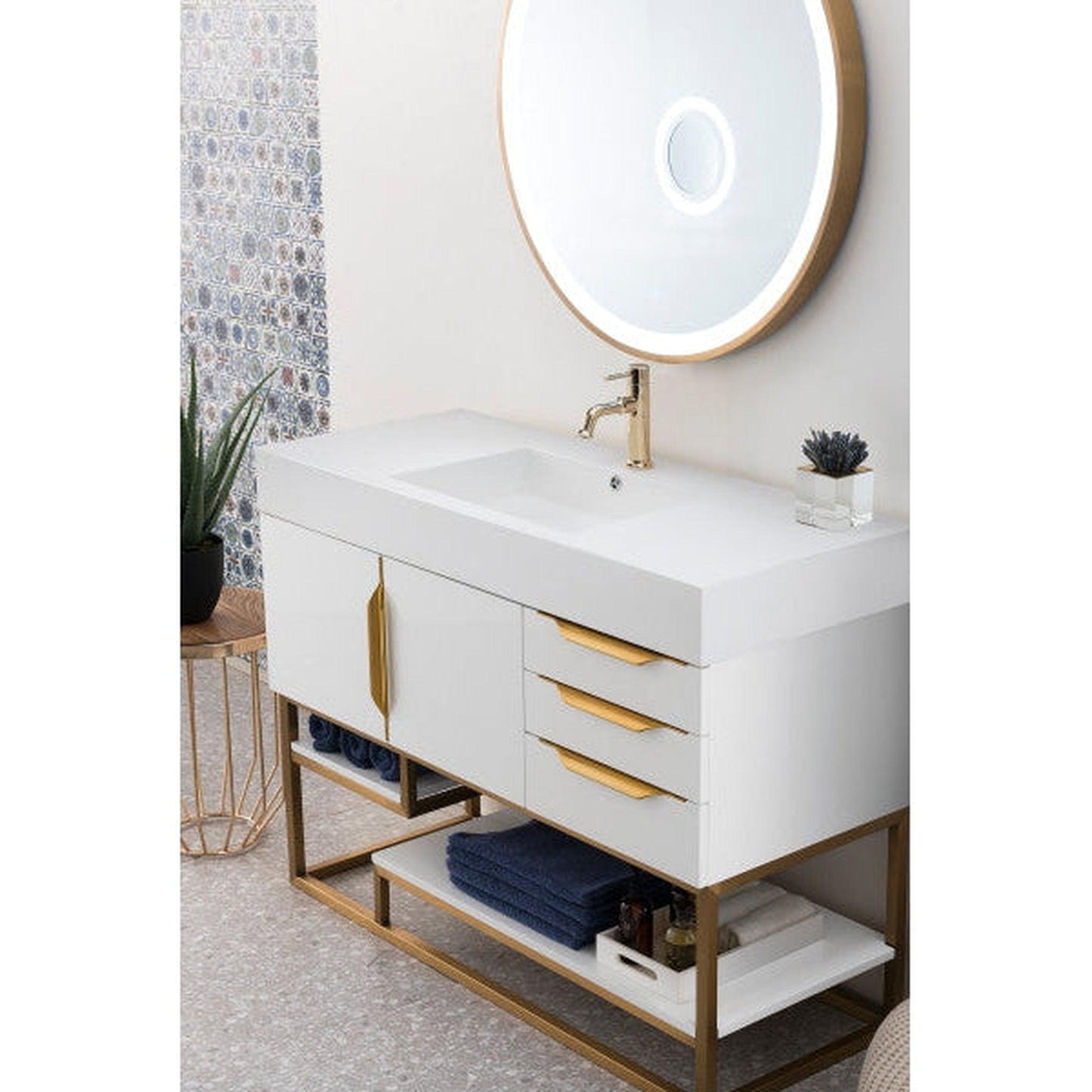 James Martin Columbia 48" Single Glossy White Bathroom Vanity With Radiant Gold Hardware and 6" Glossy White Composite Countertop