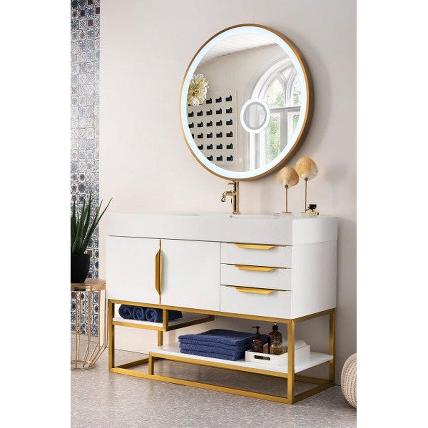 James Martin Columbia 48" Single Glossy White Bathroom Vanity With Radiant Gold Hardware and 6" Glossy White Composite Countertop
