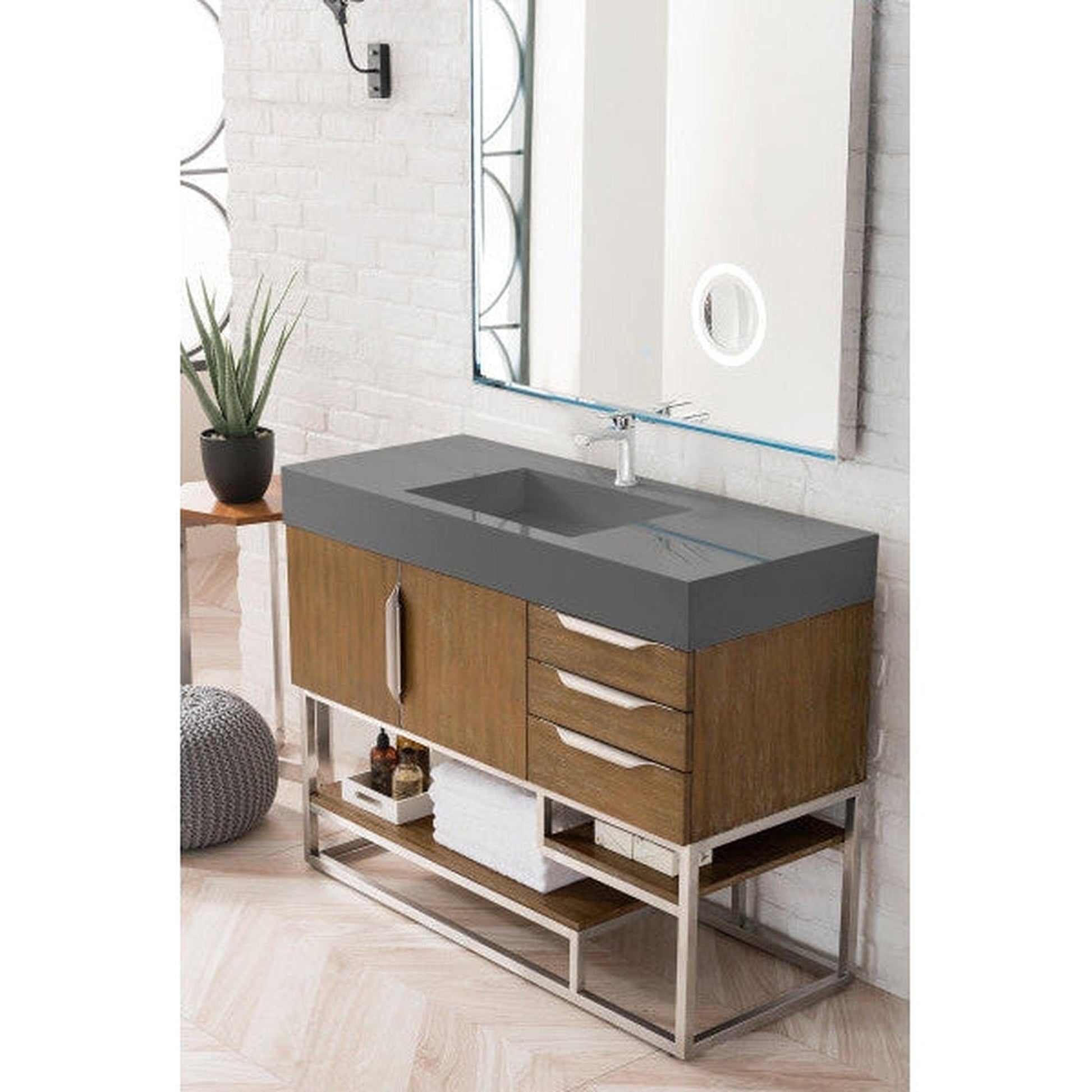 James Martin Columbia 48" Single Latte Oak Bathroom Vanity With 6" Glossy Dusk Gray Composite Countertop