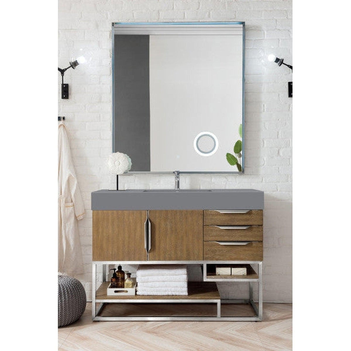 James Martin Columbia 48" Single Latte Oak Bathroom Vanity With 6" Glossy Dusk Gray Composite Countertop
