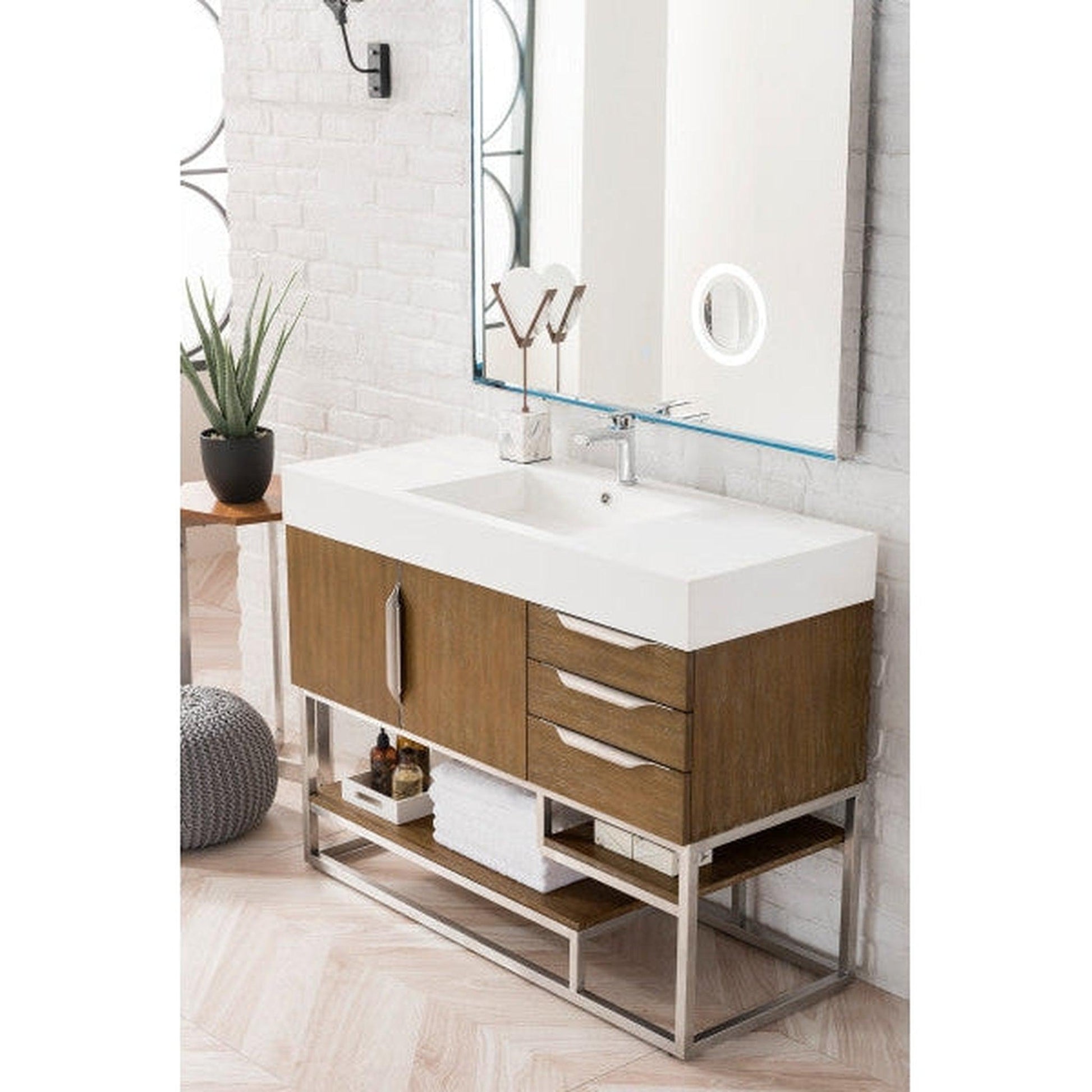 James Martin Columbia 48" Single Latte Oak Bathroom Vanity With 6" Glossy White Composite Countertop