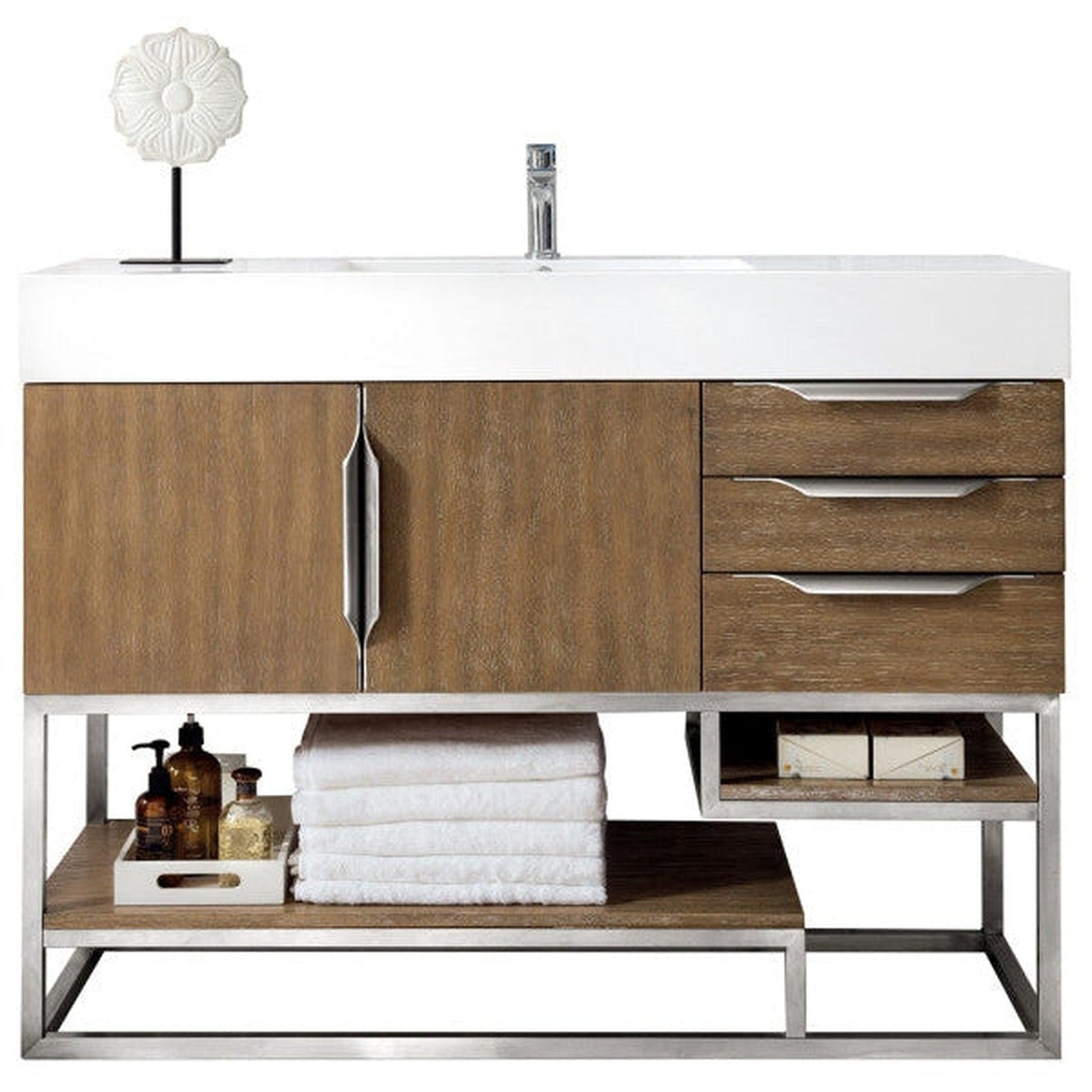 James Martin Columbia 48" Single Latte Oak Bathroom Vanity With 6" Glossy White Composite Countertop