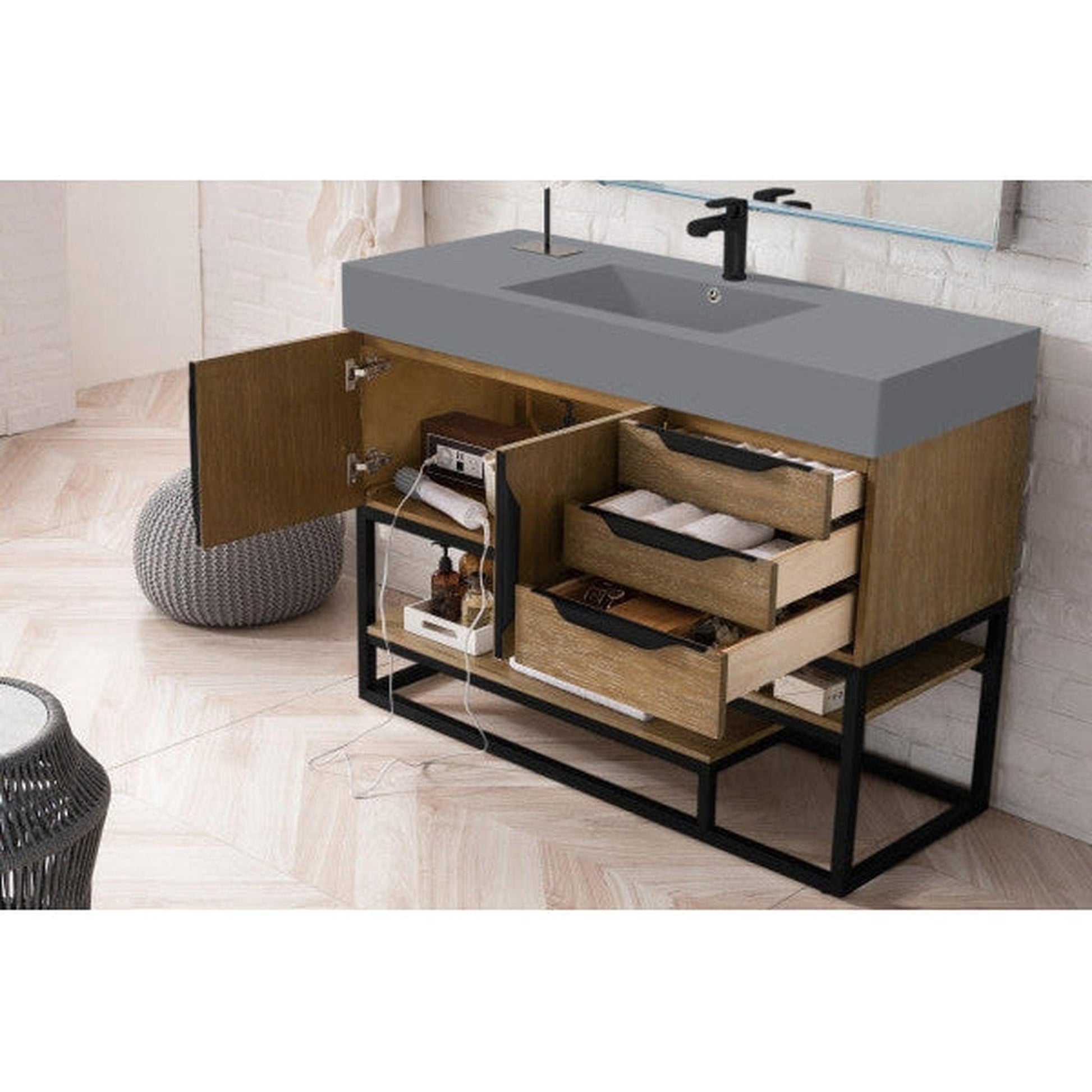 James Martin Columbia 48" Single Latte Oak Bathroom Vanity With Matte Black Hardware and 6" Glossy Dusk Gray Composite Countertop