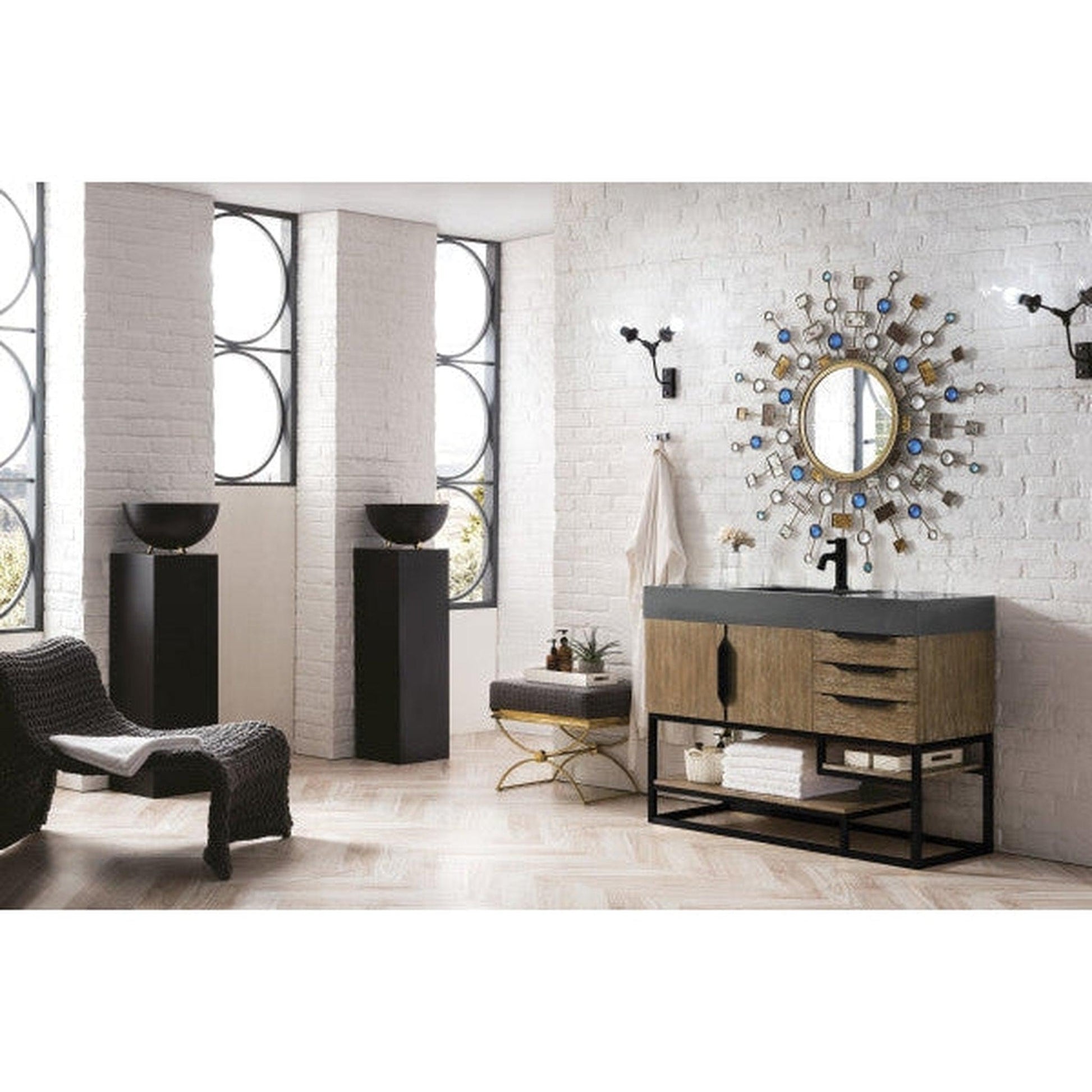 James Martin Columbia 48" Single Latte Oak Bathroom Vanity With Matte Black Hardware and 6" Glossy Dusk Gray Composite Countertop