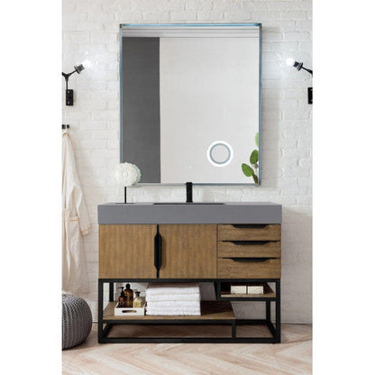 James Martin Columbia 48" Single Latte Oak Bathroom Vanity With Matte Black Hardware and 6" Glossy Dusk Gray Composite Countertop