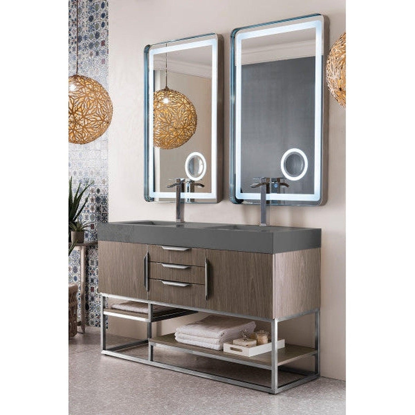 James Martin Columbia 59" Double Ash Gray Bathroom Vanity With 6" Glossy Dusk Gray Composite Countertop