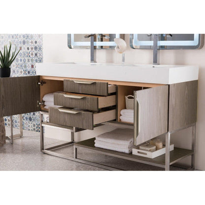 James Martin Columbia 59" Double Ash Gray Bathroom Vanity With 6" Glossy White Composite Countertop