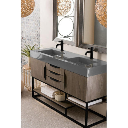 James Martin Columbia 59" Double Ash Gray Bathroom Vanity With Matte Black Hardware and 6" Glossy Dusk Gray Composite Countertop