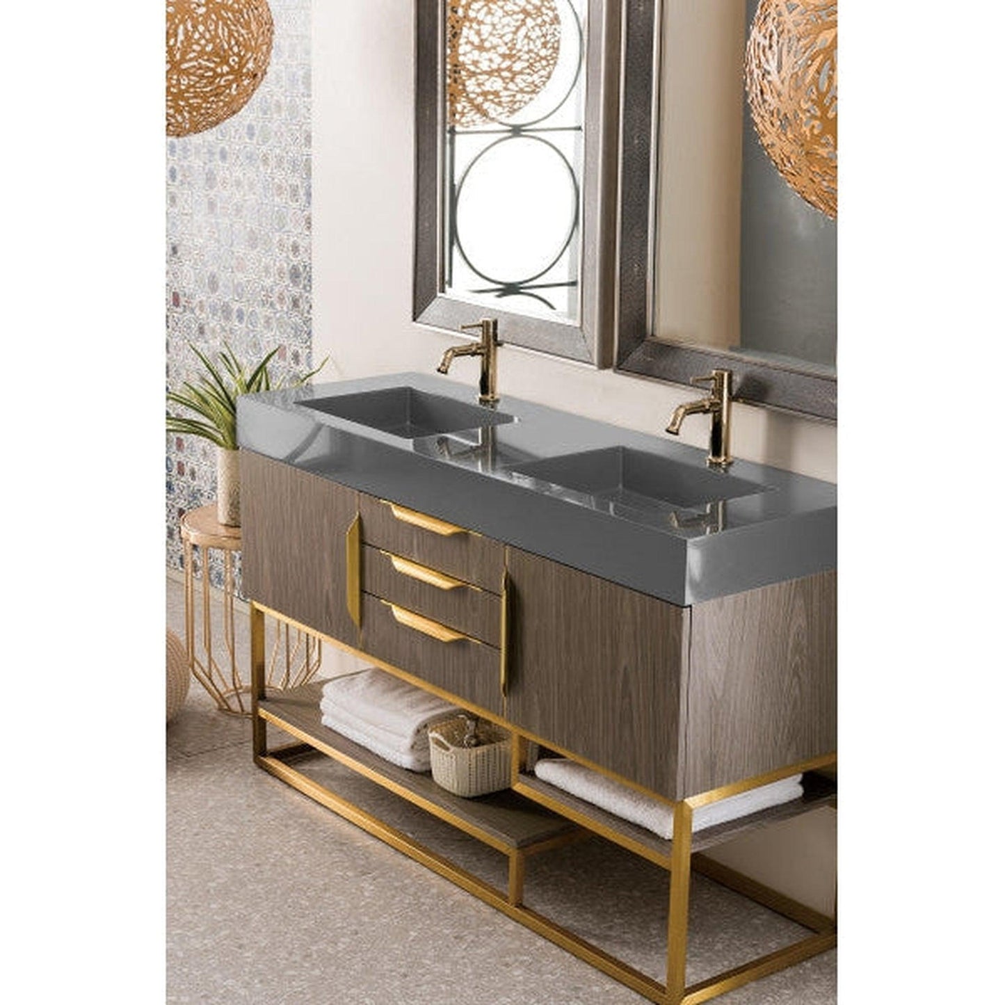 James Martin Columbia 59" Double Ash Gray Bathroom Vanity With Radiant Gold Hardware and 6" Glossy Dusk Gray Composite Countertop
