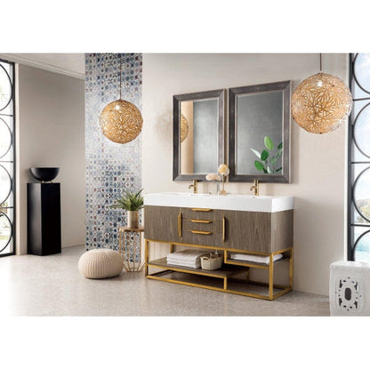 James Martin Columbia 59" Double Ash Gray Bathroom Vanity With Radiant Gold Hardware and 6" Glossy White Composite Countertop
