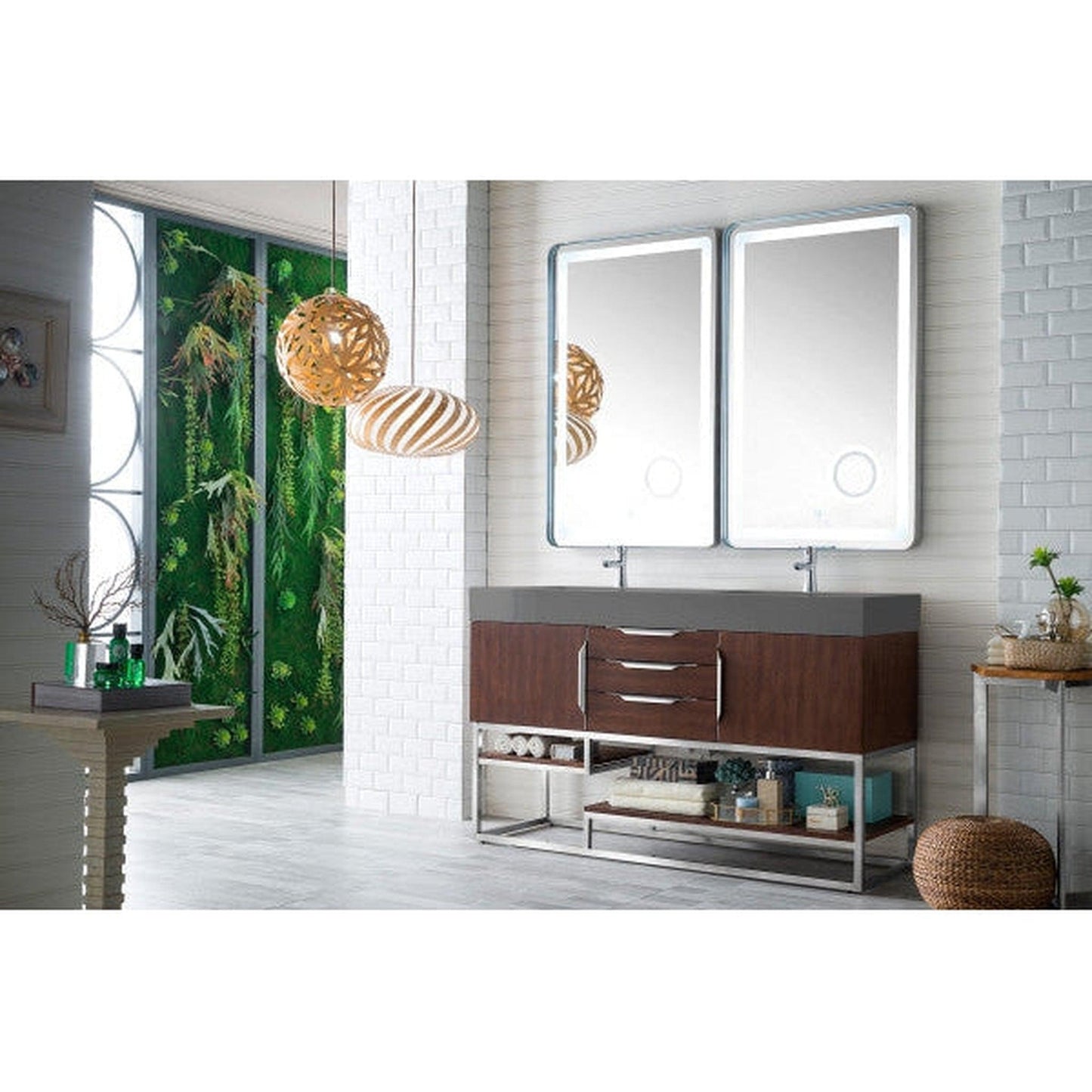 James Martin Columbia 59" Double Coffee Oak Bathroom Vanity With 6" Glossy Dusk Gray Composite Countertop