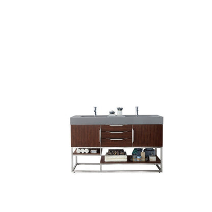 James Martin Columbia 59" Double Coffee Oak Bathroom Vanity With 6" Glossy Dusk Gray Composite Countertop