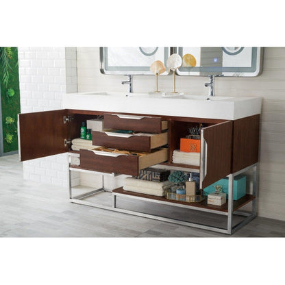 James Martin Columbia 59" Double Coffee Oak Bathroom Vanity With 6" Glossy White Composite Countertop