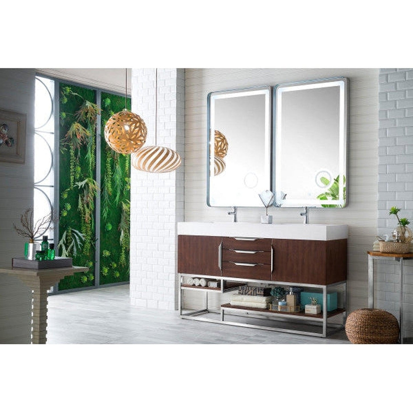 James Martin Columbia 59" Double Coffee Oak Bathroom Vanity With 6" Glossy White Composite Countertop