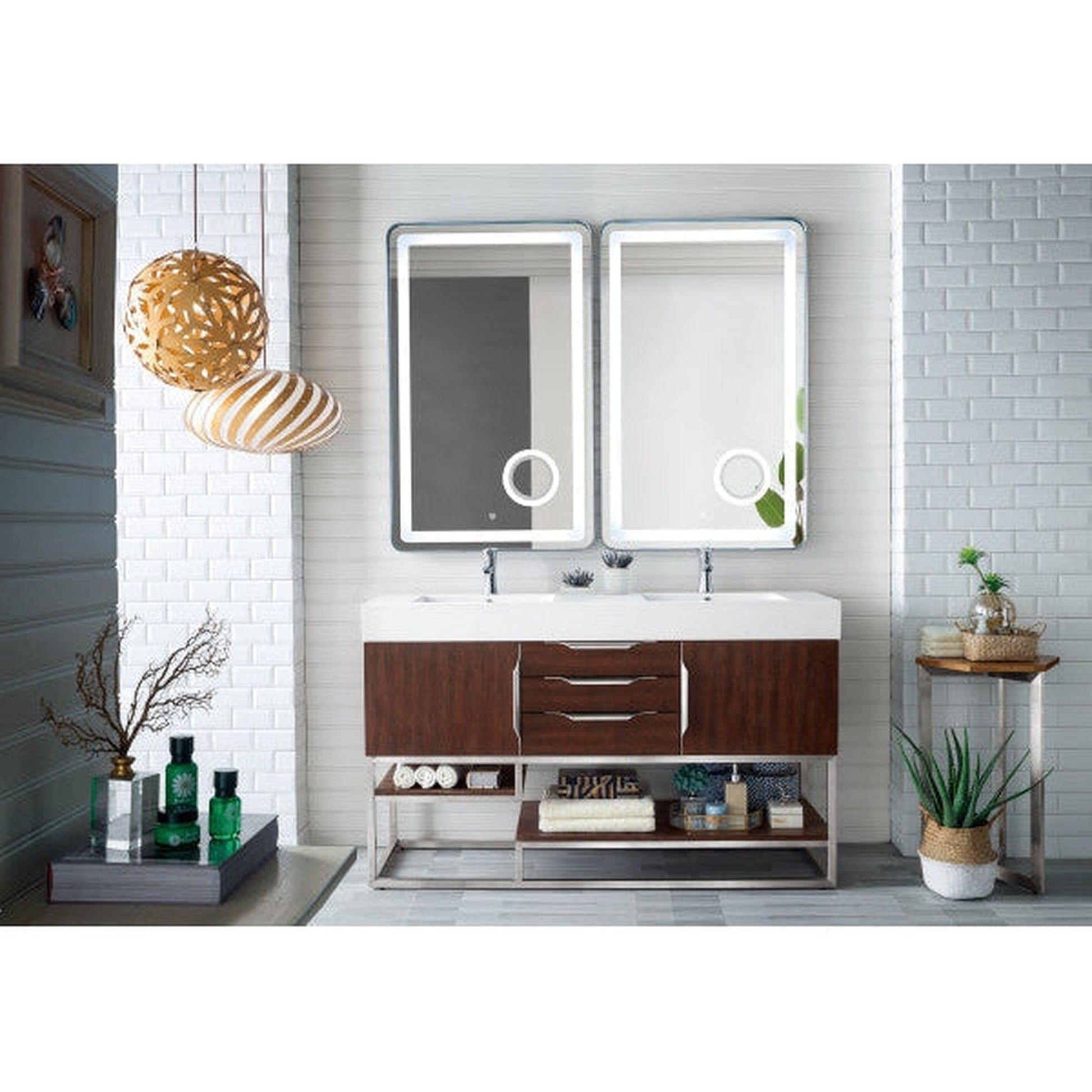 James Martin Columbia 59" Double Coffee Oak Bathroom Vanity With 6" Glossy White Composite Countertop