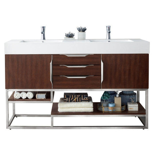 James Martin Columbia 59" Double Coffee Oak Bathroom Vanity With 6" Glossy White Composite Countertop