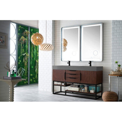 James Martin Columbia 59" Double Coffee Oak Bathroom Vanity With Matte Black Hardware and 6" Glossy Dusk Gray Composite Countertop