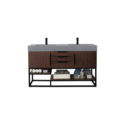 James Martin Columbia 59" Double Coffee Oak Bathroom Vanity With Matte Black Hardware and 6" Glossy Dusk Gray Composite Countertop