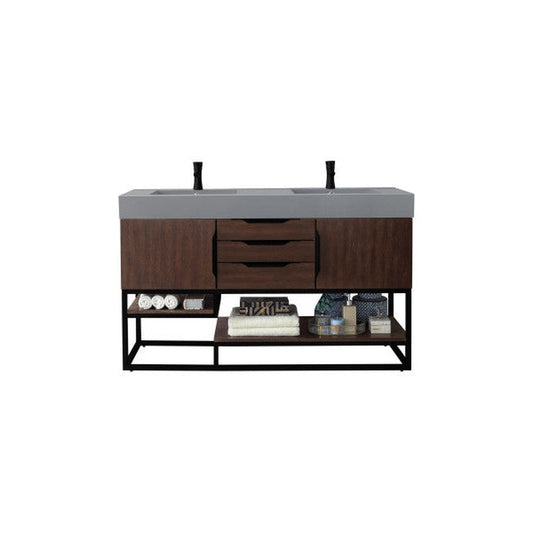James Martin Columbia 59" Double Coffee Oak Bathroom Vanity With Matte Black Hardware and 6" Glossy Dusk Gray Composite Countertop