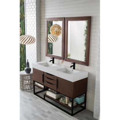 James Martin Columbia 59" Double Coffee Oak Bathroom Vanity With Matte Black Hardware and 6" Glossy White Composite Countertop