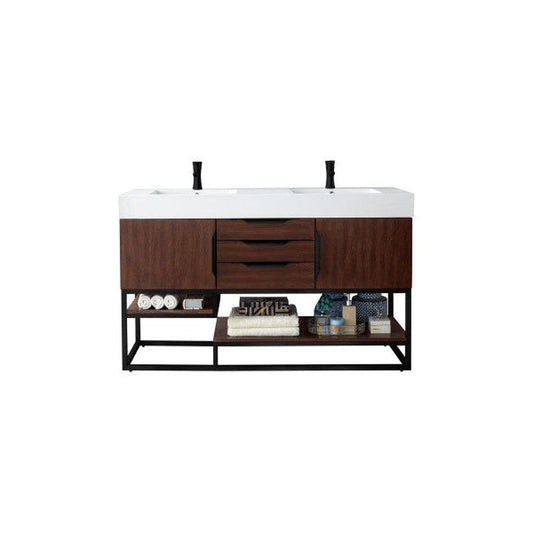 James Martin Columbia 59" Double Coffee Oak Bathroom Vanity With Matte Black Hardware and 6" Glossy White Composite Countertop