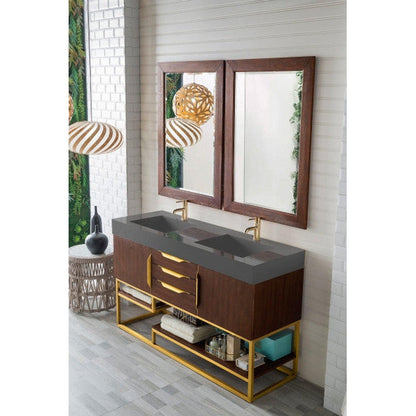 James Martin Columbia 59" Double Coffee Oak Bathroom Vanity With Radiant Gold Hardware and 6" Glossy Dusk Gray Composite Countertop