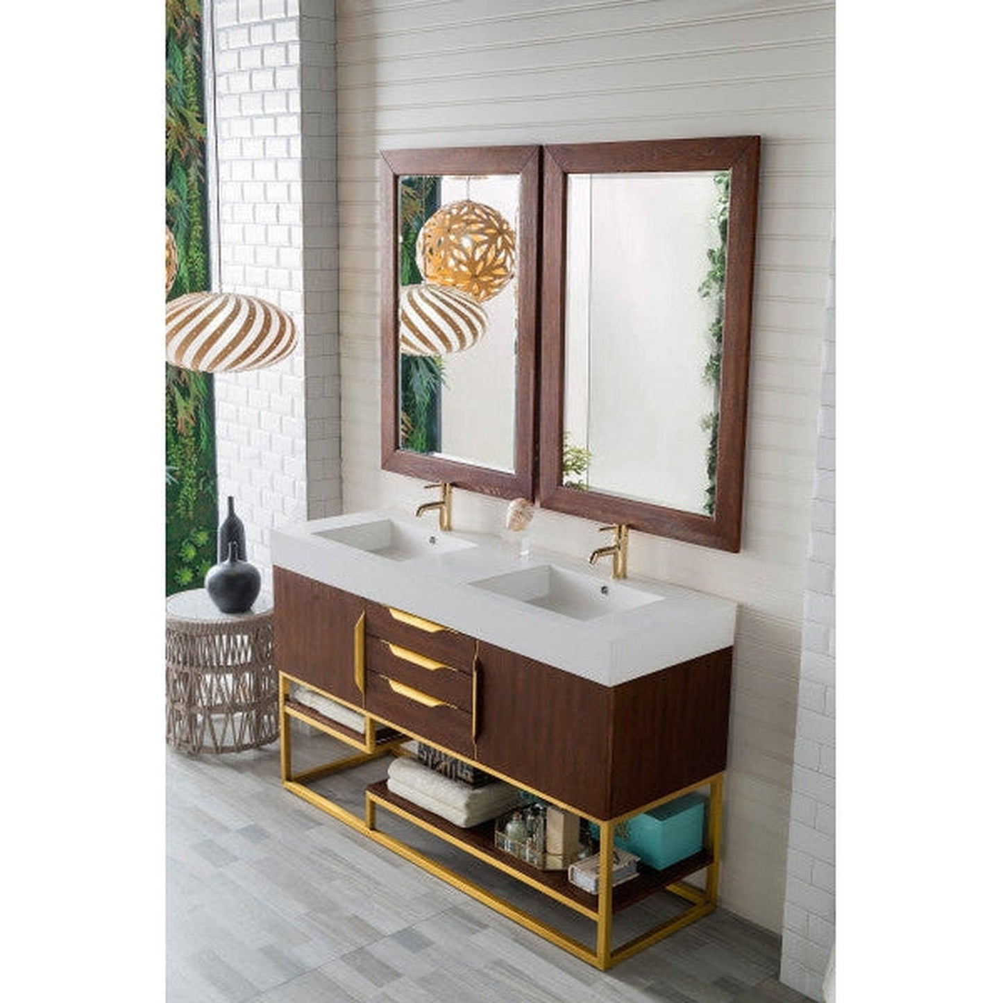 James Martin Columbia 59" Double Coffee Oak Bathroom Vanity With Radiant Gold Hardware and 6" Glossy White Composite Countertop