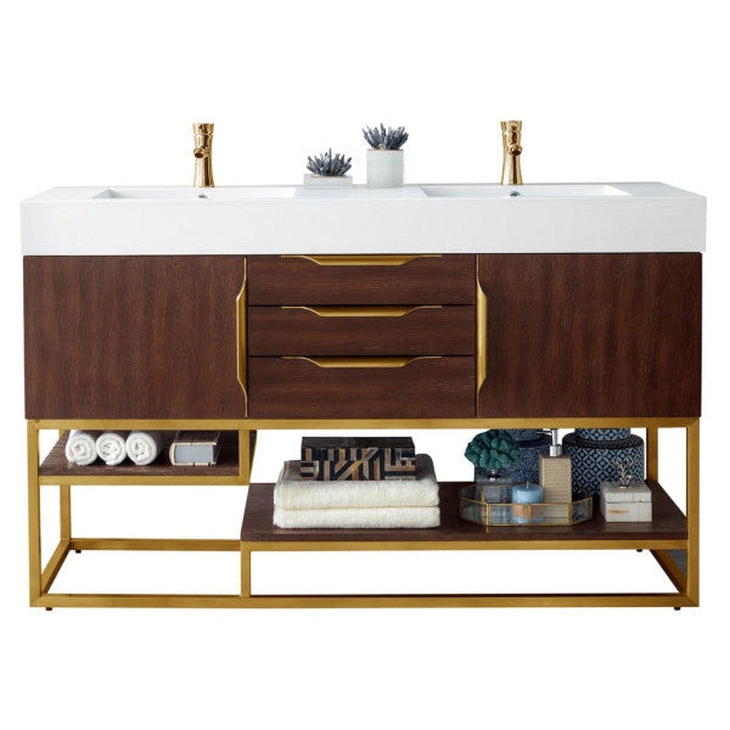 James Martin Columbia 59" Double Coffee Oak Bathroom Vanity With Radiant Gold Hardware and 6" Glossy White Composite Countertop