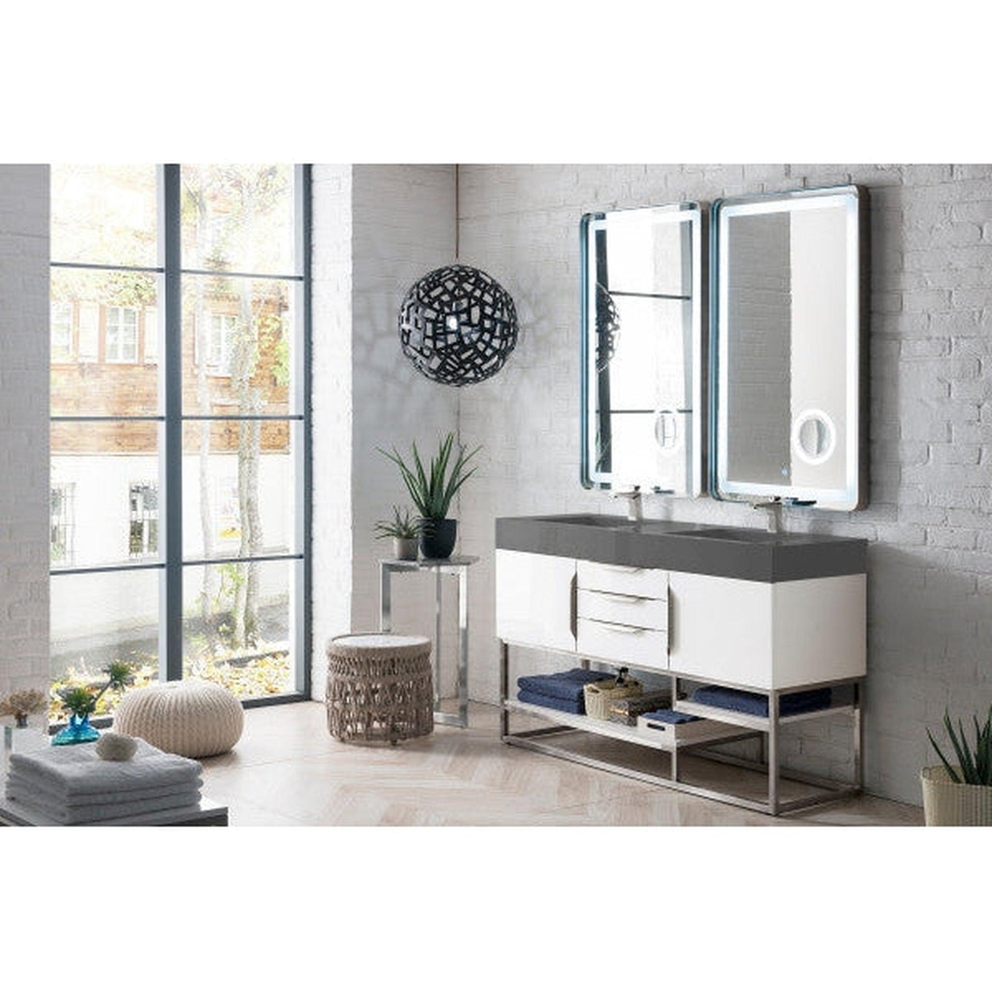 James Martin Columbia 59" Double Glossy White Bathroom Vanity With 6" Glossy Dusk Gray Composite Countertop