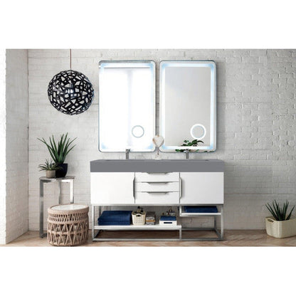 James Martin Columbia 59" Double Glossy White Bathroom Vanity With 6" Glossy Dusk Gray Composite Countertop