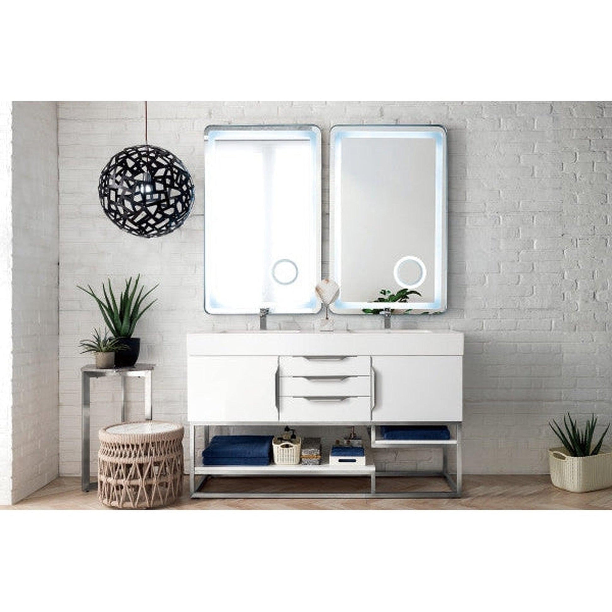 James Martin Columbia 59" Double Glossy White Bathroom Vanity With 6" Glossy White Composite Countertop