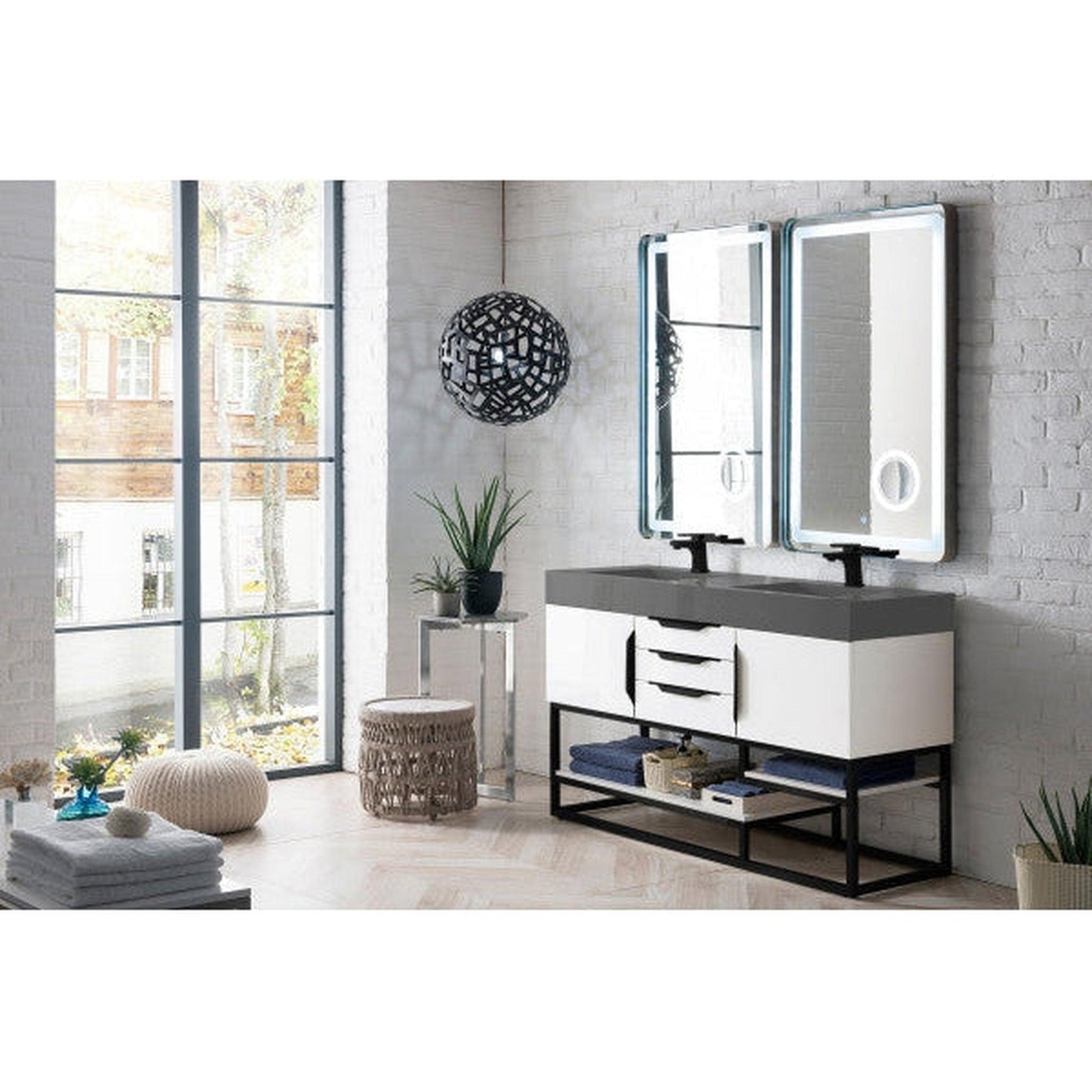 James Martin Columbia 59" Double Glossy White Bathroom Vanity With Matte Black Hardware and 6" Glossy Dusk Gray Composite Countertop