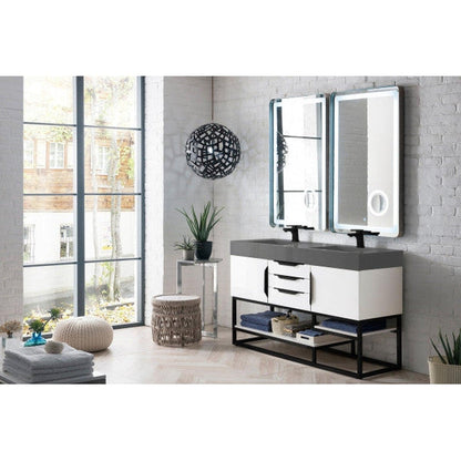 James Martin Columbia 59" Double Glossy White Bathroom Vanity With Matte Black Hardware and 6" Glossy Dusk Gray Composite Countertop