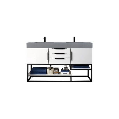 James Martin Columbia 59" Double Glossy White Bathroom Vanity With Matte Black Hardware and 6" Glossy Dusk Gray Composite Countertop