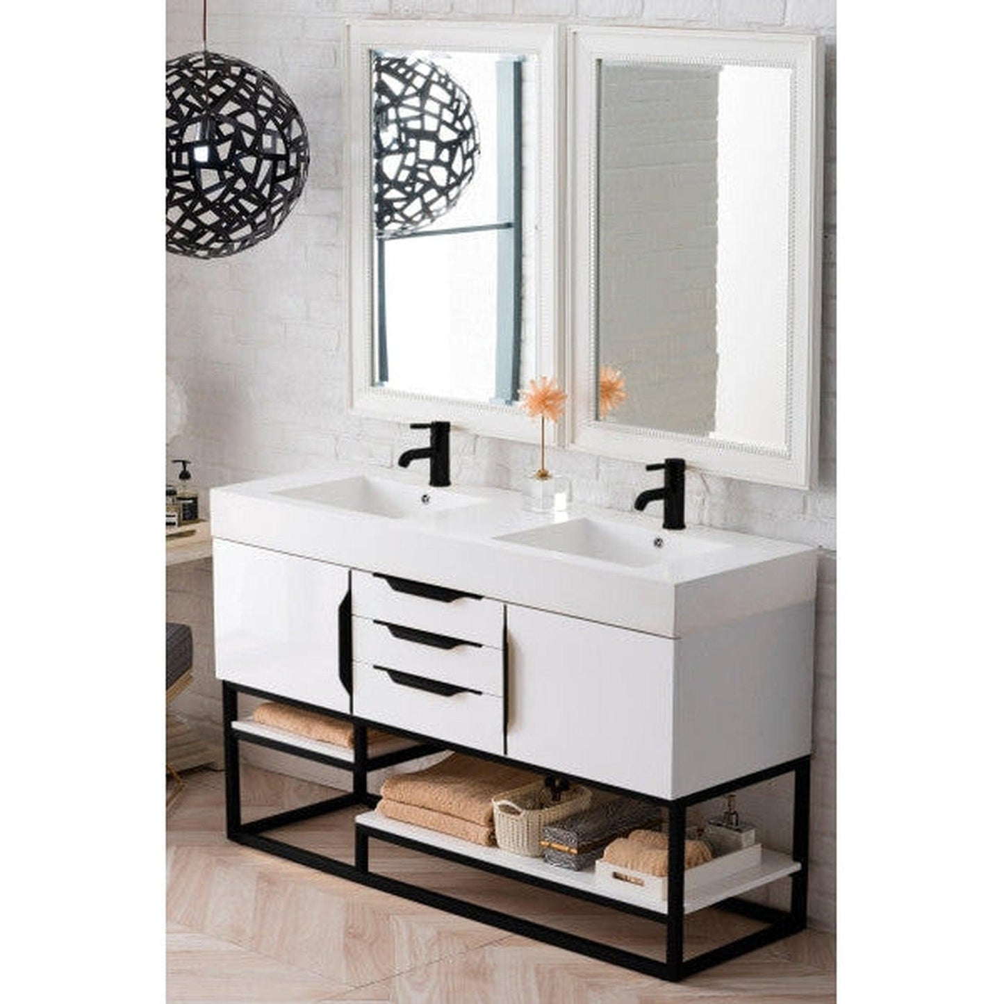 James Martin Columbia 59" Double Glossy White Bathroom Vanity With Matte Black Hardware and 6" Glossy White Composite Countertop