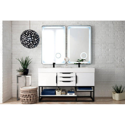 James Martin Columbia 59" Double Glossy White Bathroom Vanity With Matte Black Hardware and 6" Glossy White Composite Countertop