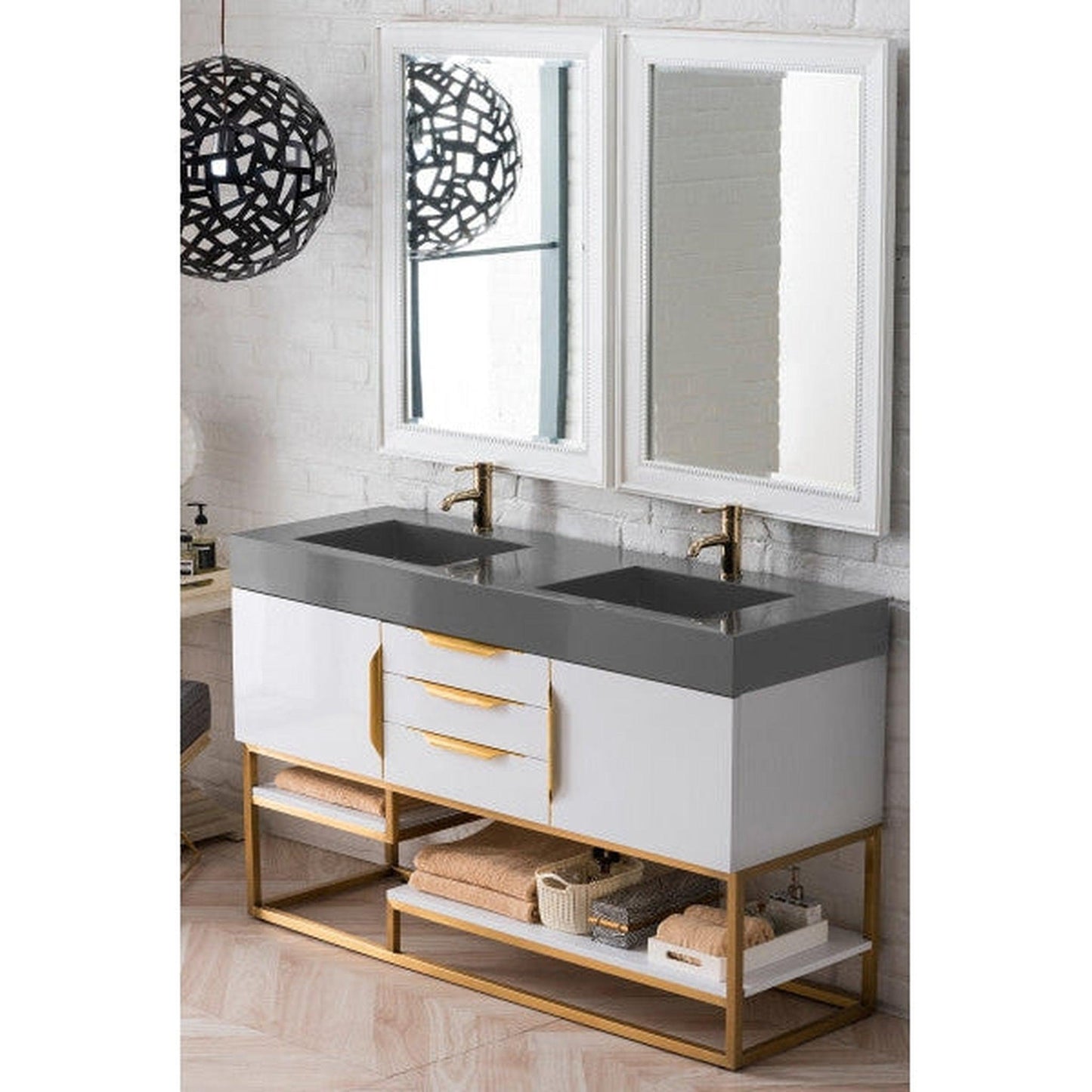 James Martin Columbia 59" Double Glossy White Bathroom Vanity With Radiant Gold Hardware and 6" Glossy Dusk Gray Composite Countertop