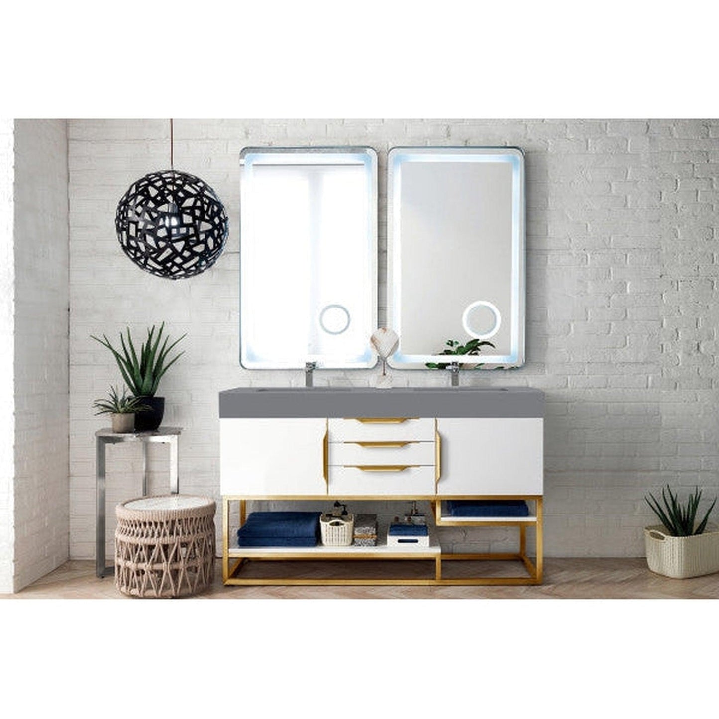 James Martin Columbia 59" Double Glossy White Bathroom Vanity With Radiant Gold Hardware and 6" Glossy Dusk Gray Composite Countertop