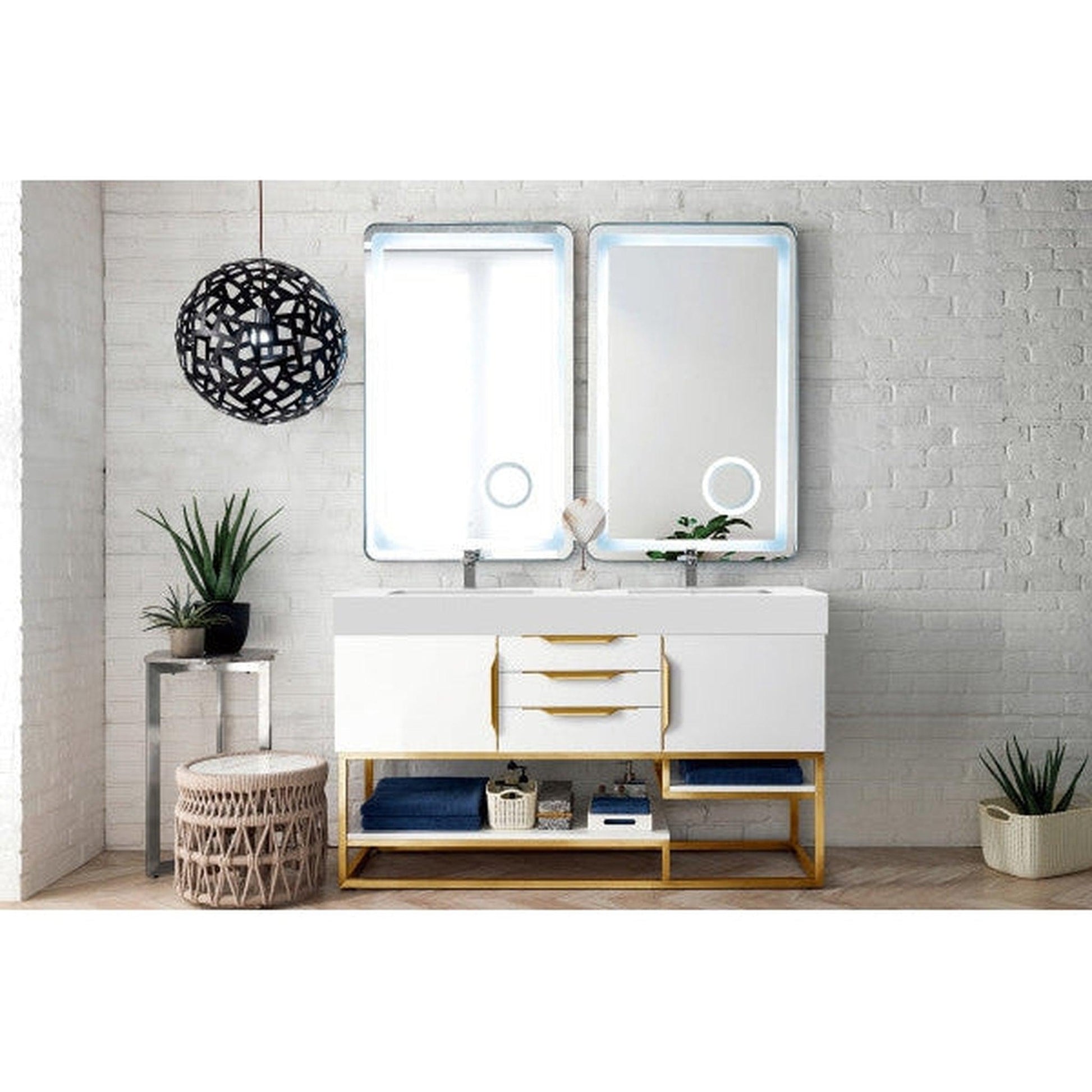 James Martin Columbia 59" Double Glossy White Bathroom Vanity With Radiant Gold Hardware and 6" Glossy White Composite Countertop