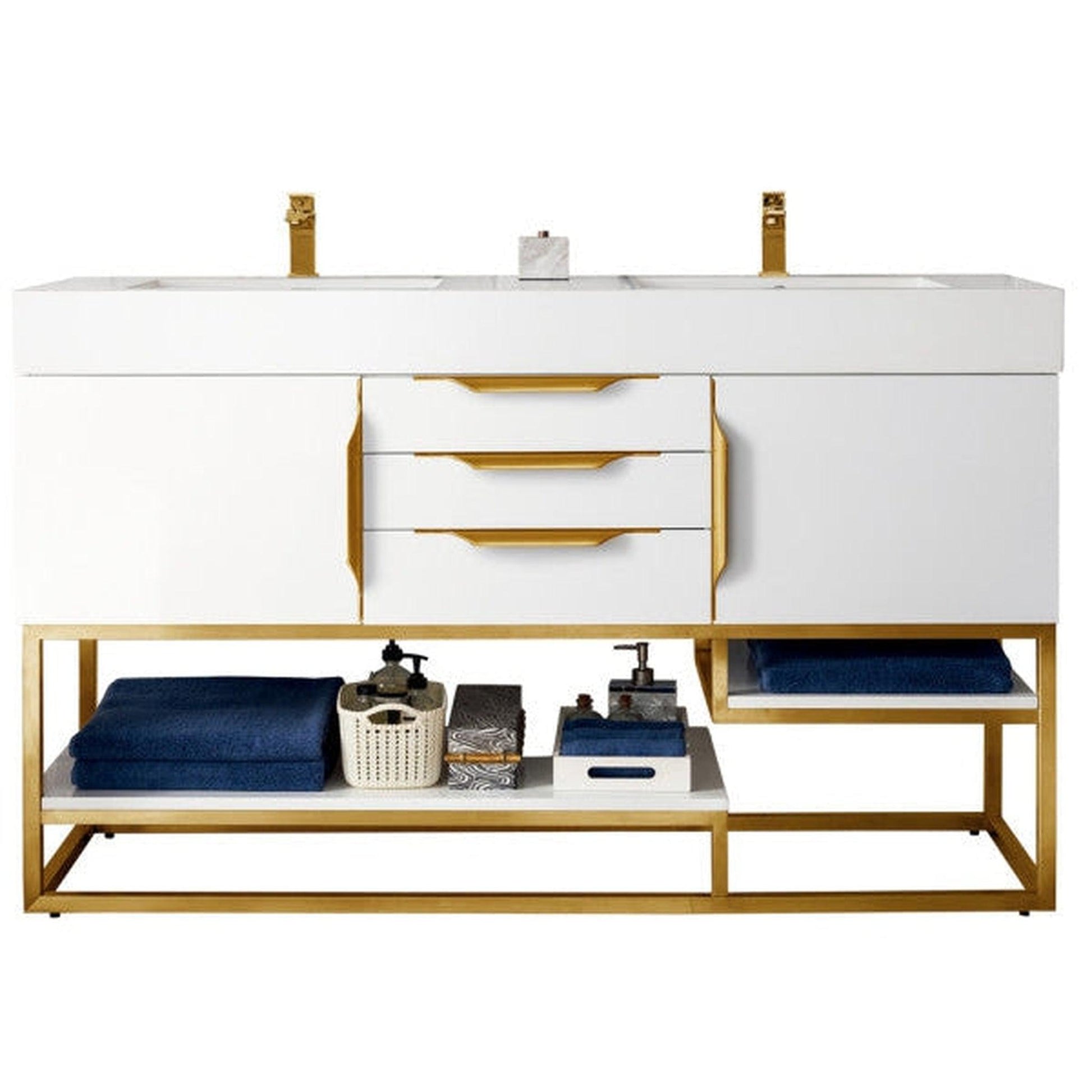 James Martin Columbia 59" Double Glossy White Bathroom Vanity With Radiant Gold Hardware and 6" Glossy White Composite Countertop