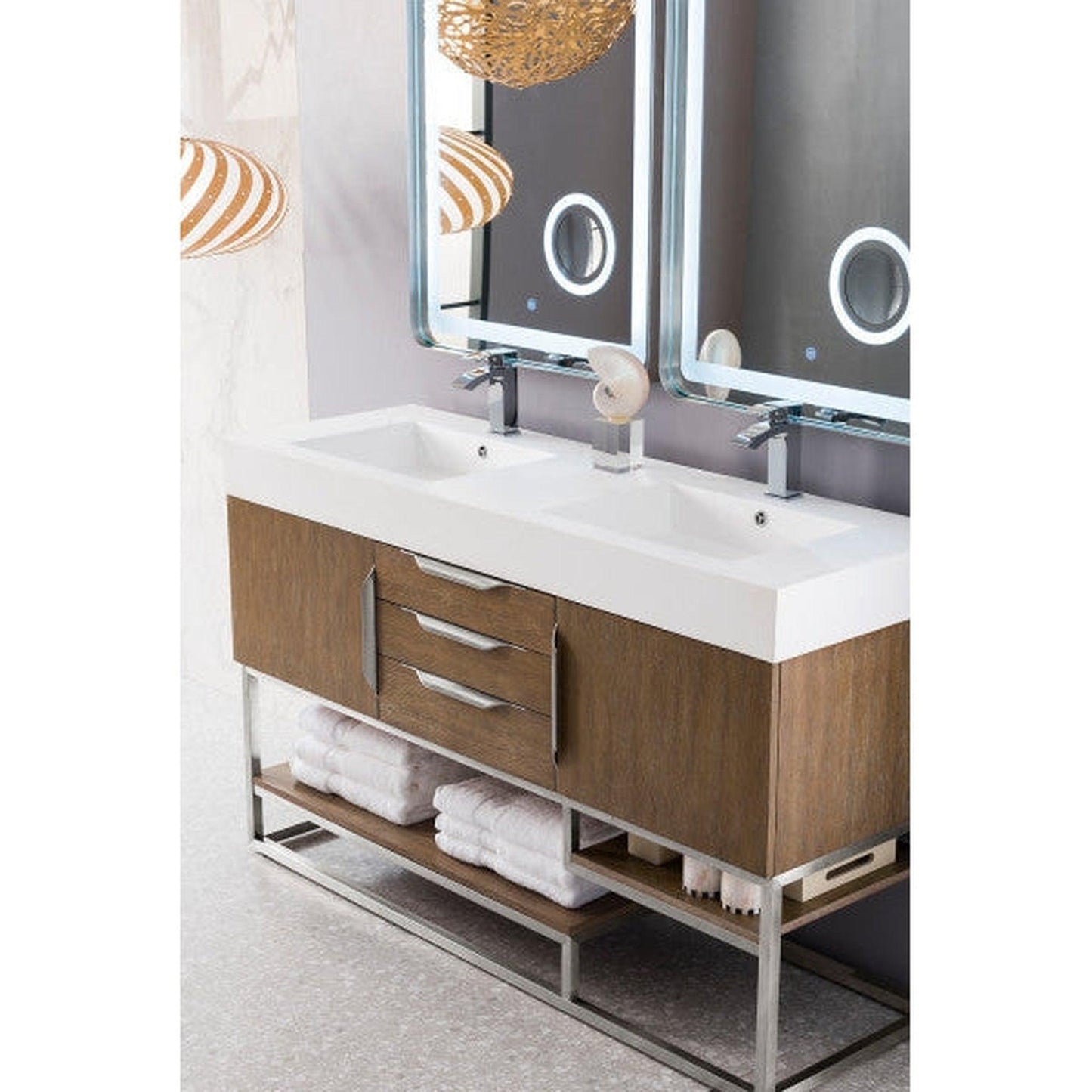 James Martin Columbia 59" Double Latte Oak Bathroom Vanity With 6" Glossy White Composite Countertop
