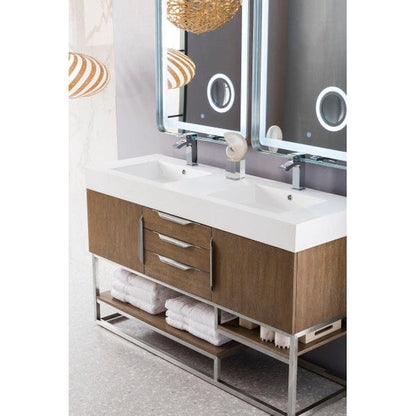 James Martin Columbia 59" Double Latte Oak Bathroom Vanity With 6" Glossy White Composite Countertop