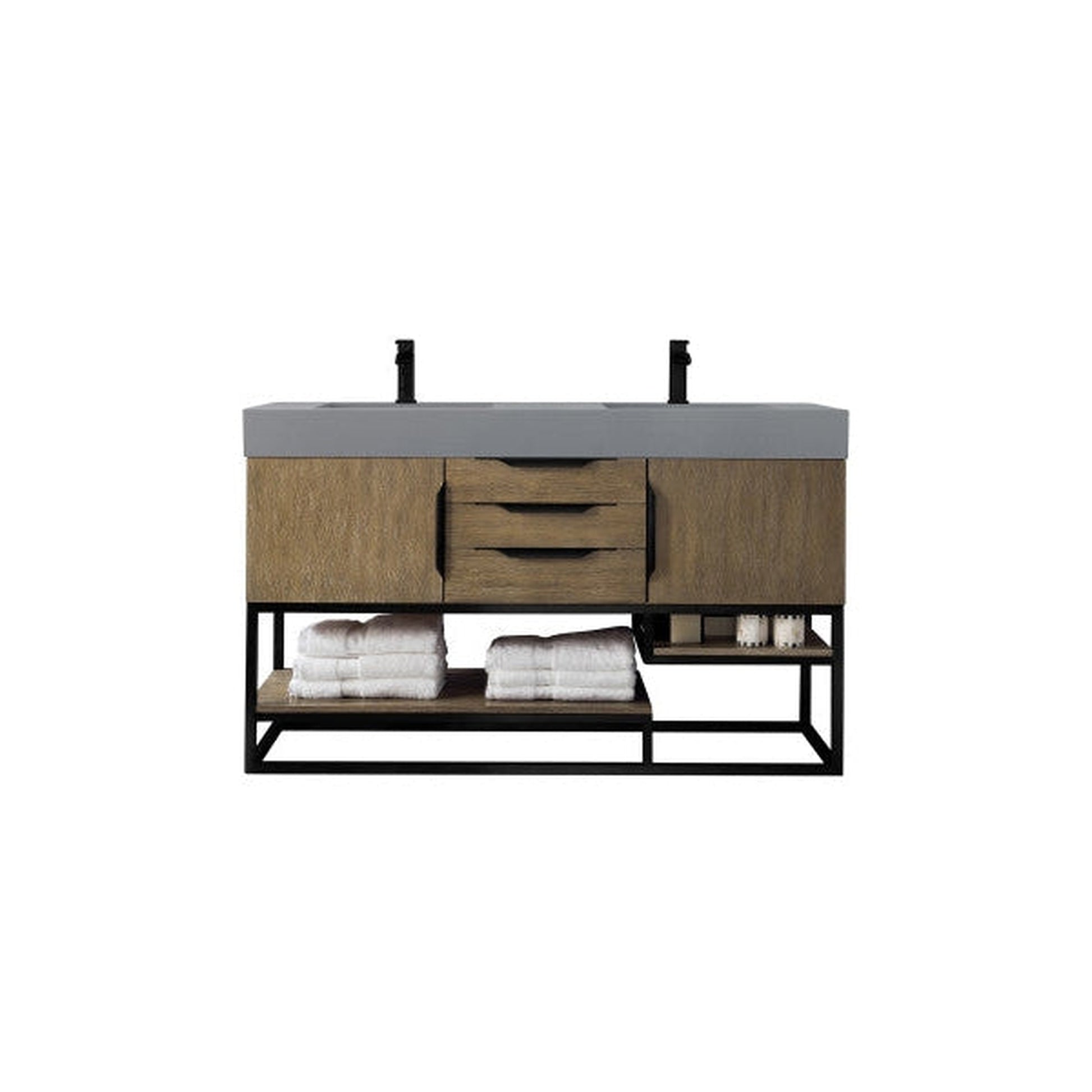 James Martin Columbia 59" Double Latte Oak Bathroom Vanity With Matte Black Hardware and 6" Glossy Dusk Gray Composite Countertop