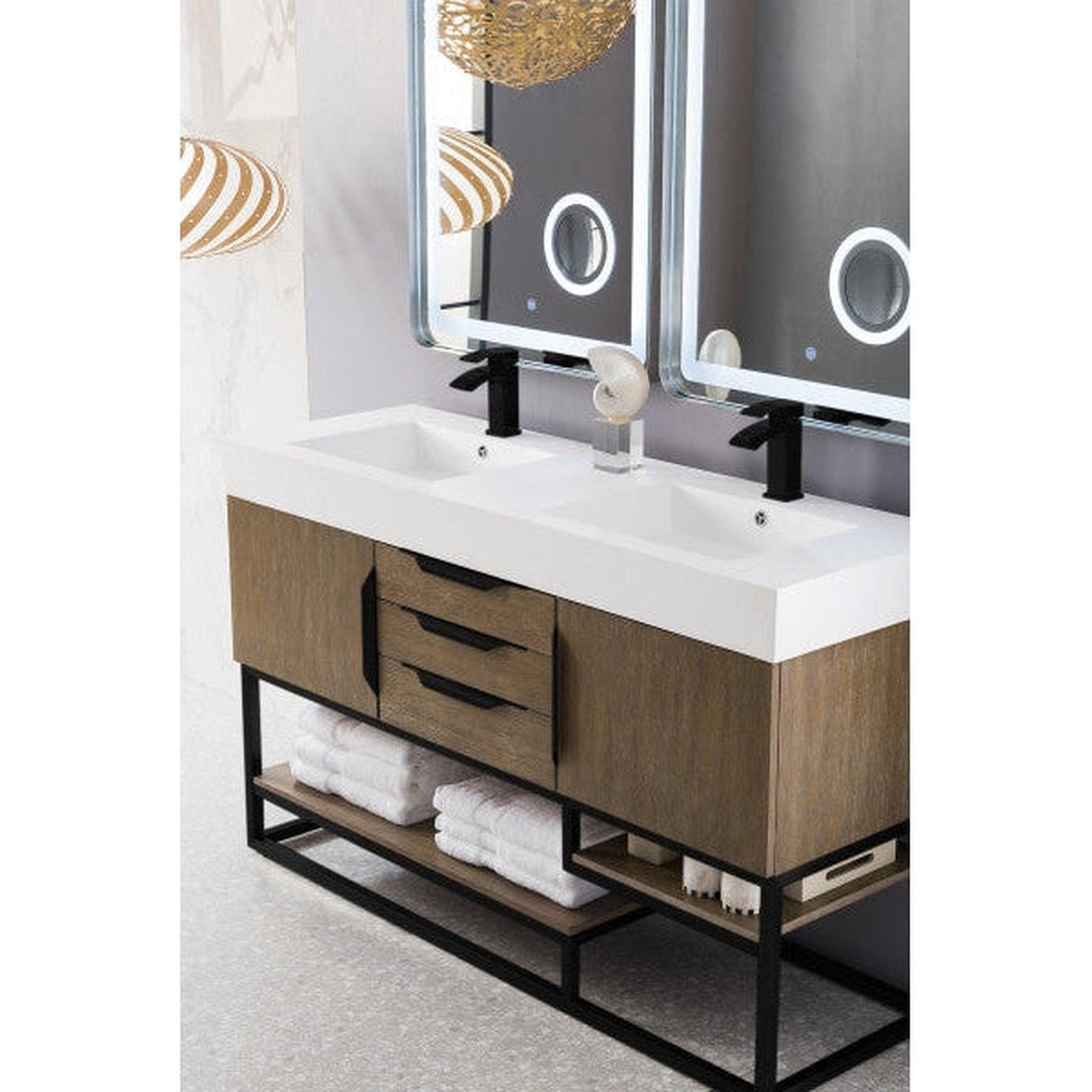 James Martin Columbia 59" Double Latte Oak Bathroom Vanity With Matte Black Hardware and 6" Glossy White Composite Countertop