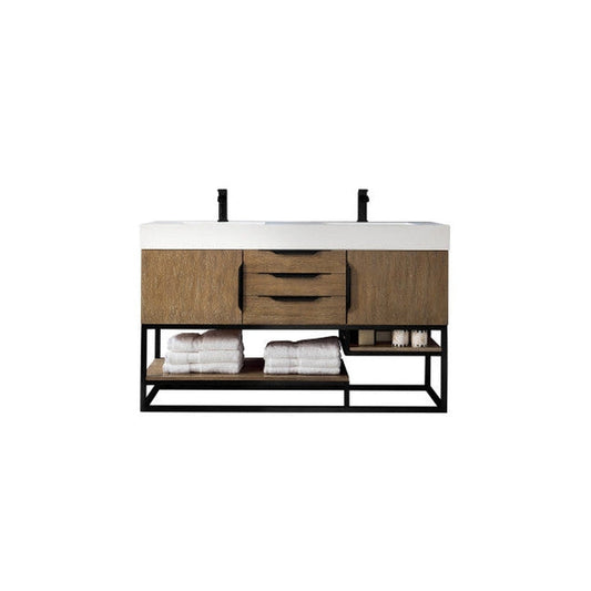 James Martin Columbia 59" Double Latte Oak Bathroom Vanity With Matte Black Hardware and 6" Glossy White Composite Countertop