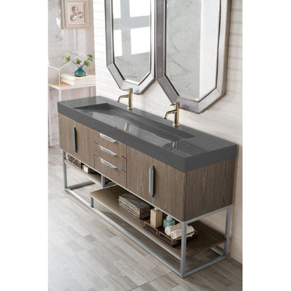 James Martin Columbia 73" Double Ash Gray Bathroom Vanity With 6" Glossy Dusk Gray Composite Countertop