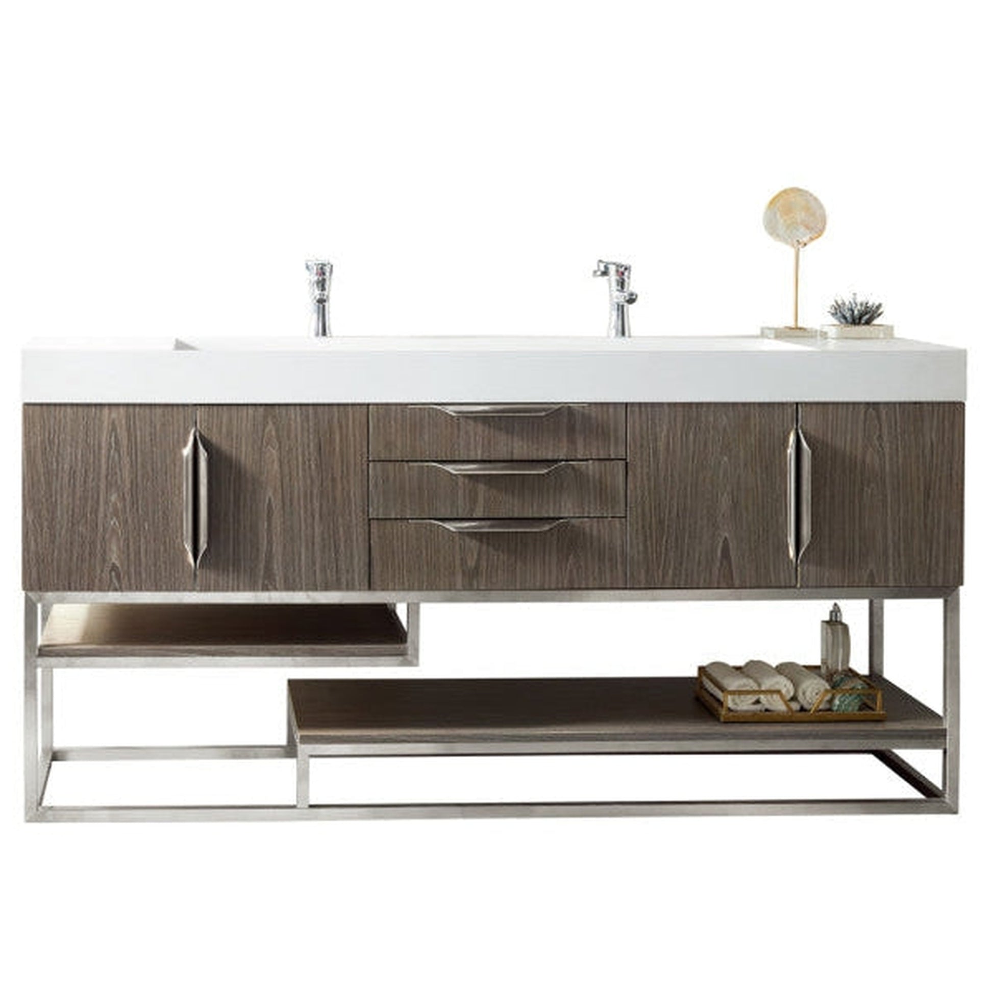 James Martin Columbia 73" Double Ash Gray Bathroom Vanity With 6" Glossy White Composite Countertop