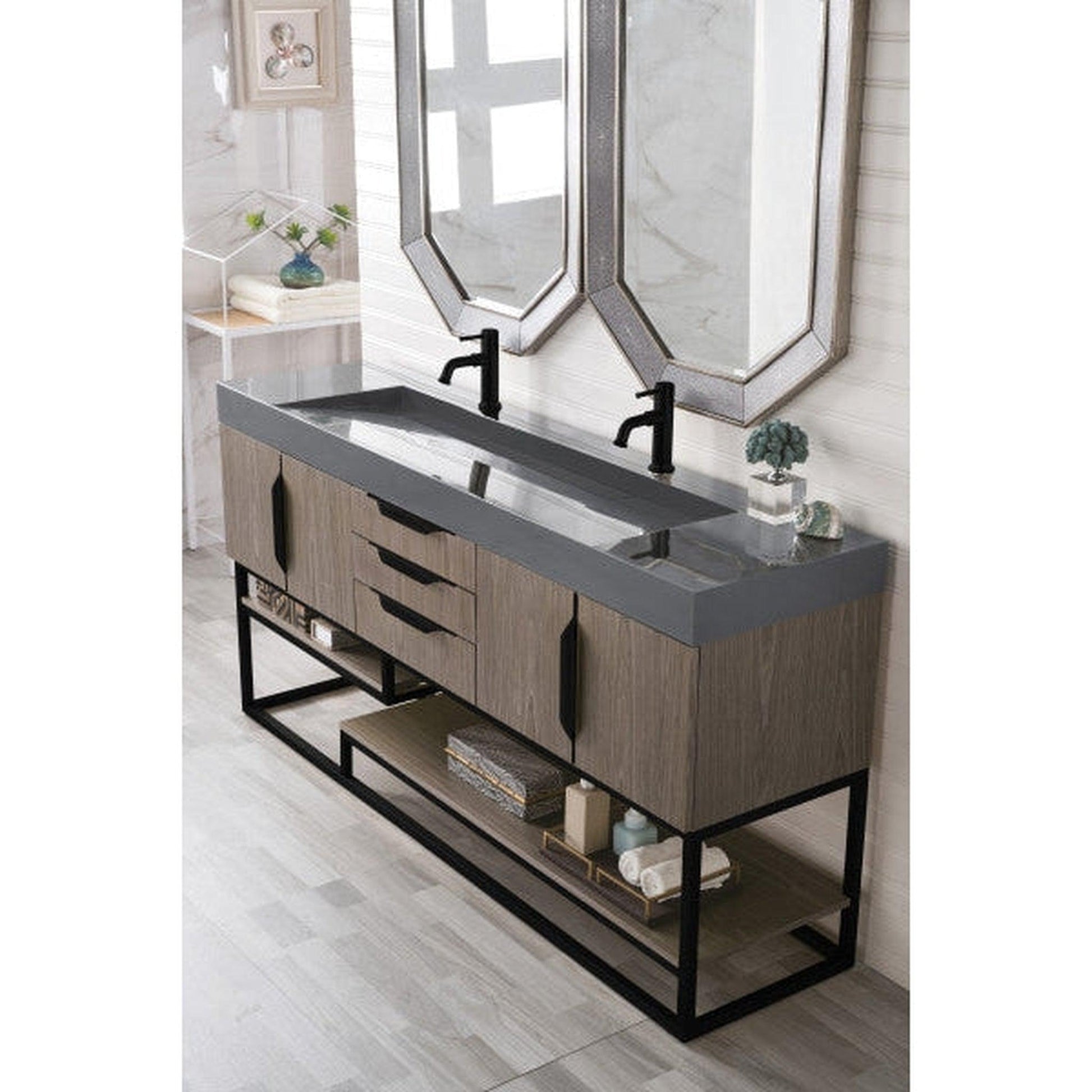 James Martin Columbia 73" Double Ash Gray Bathroom Vanity With Matte Black Hardware and 6" Glossy Dusk Gray Composite Countertop