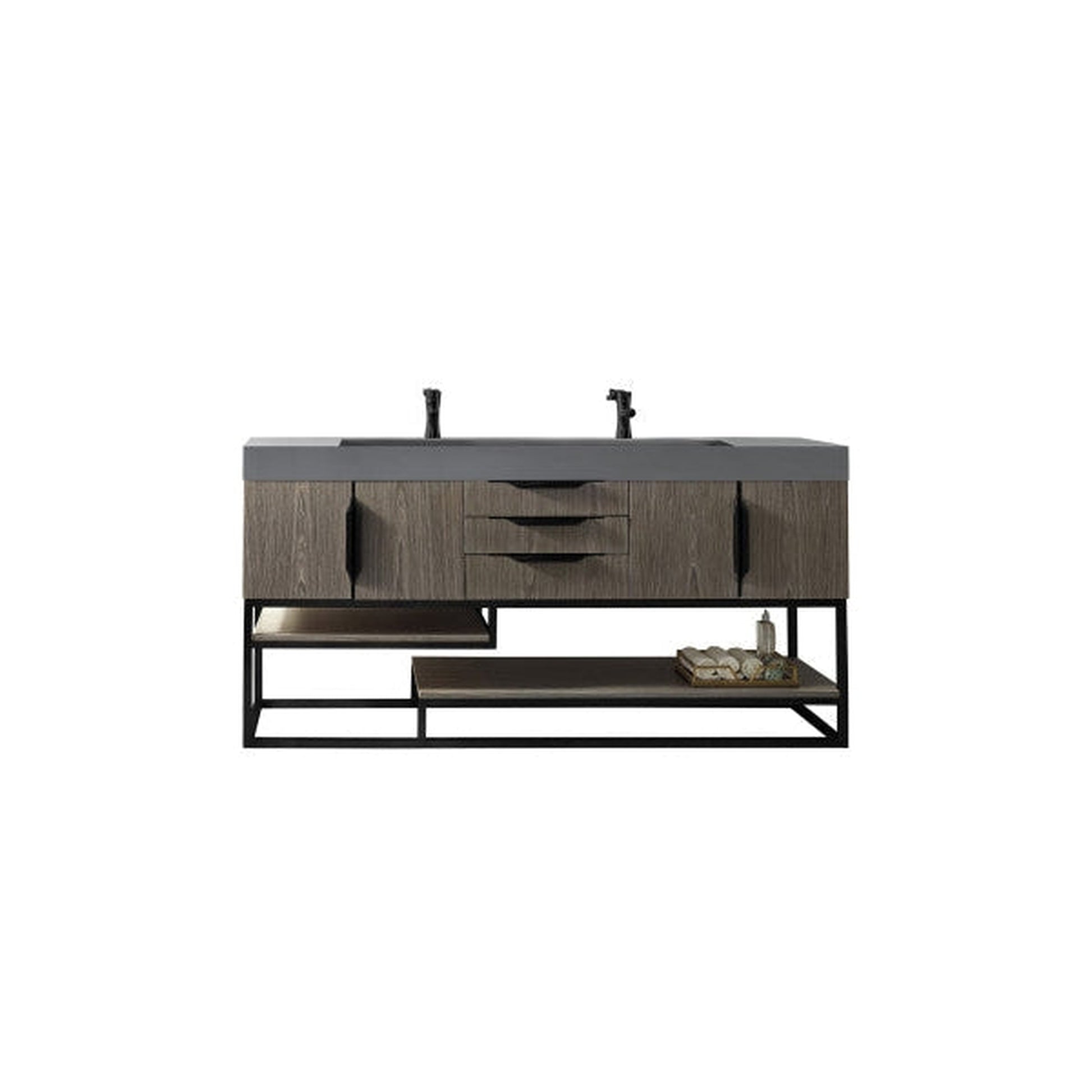 James Martin Columbia 73" Double Ash Gray Bathroom Vanity With Matte Black Hardware and 6" Glossy Dusk Gray Composite Countertop